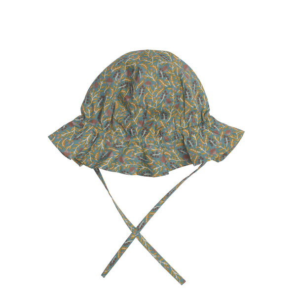 sunhat with floral pattern in blue green tones with hints of redwood and chamomile